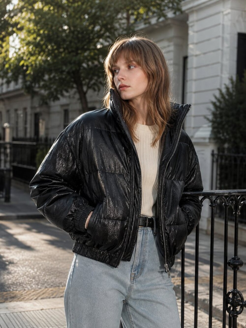 J.ING Jing Slick Black Shiny Cropped Puffer Jacket Waterproof Funnel Neck Bomber